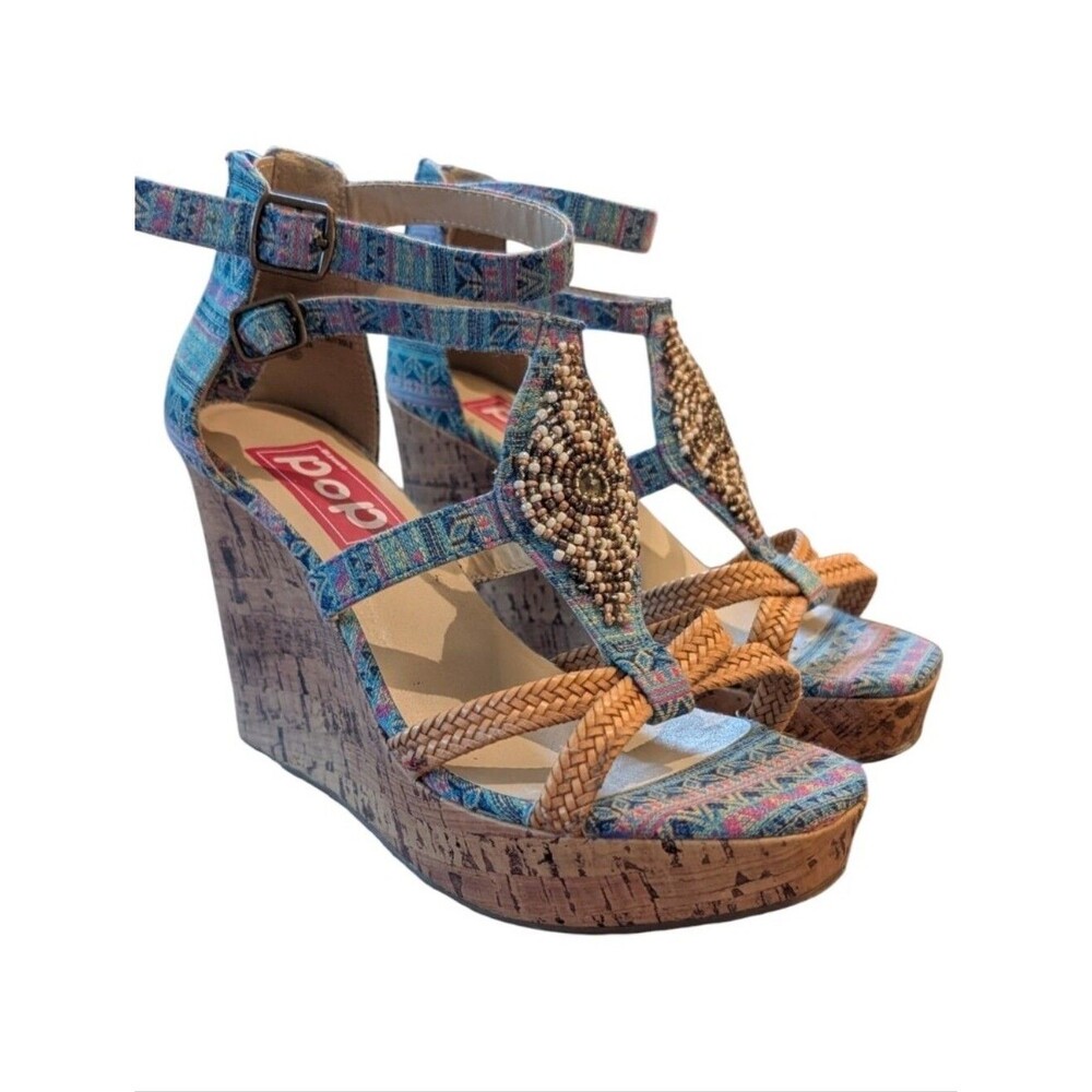 POP Stardust Boho Beaded Cork Platform Wedge Sandals Blue Tan 7M Geometric boho